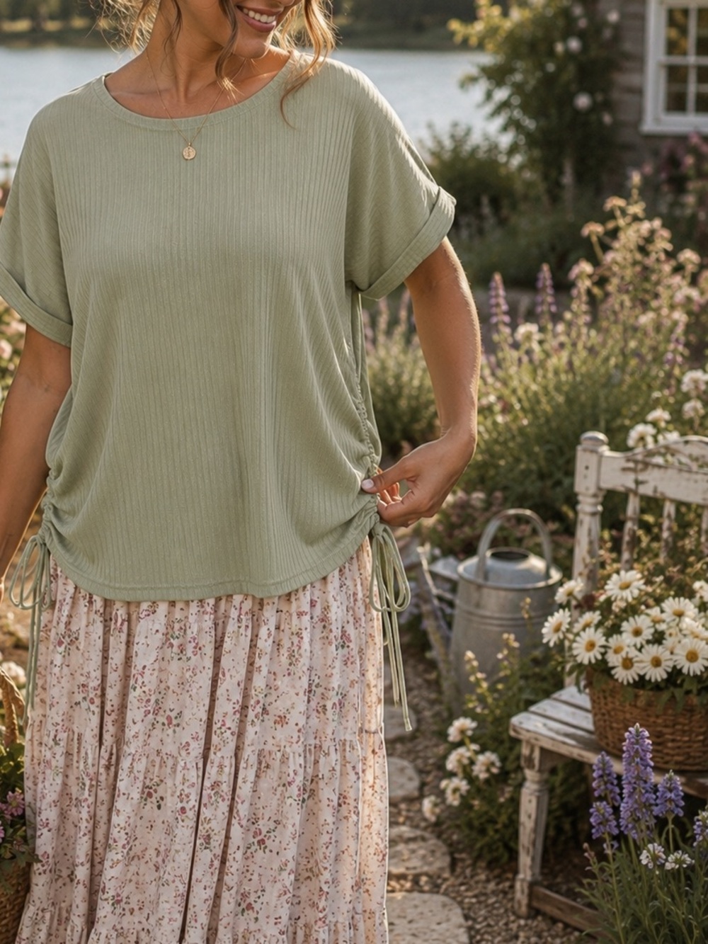 Sage Green Ribbed Ruched Tunic Top Size XL Soft Stretch Cottagecore Boho
